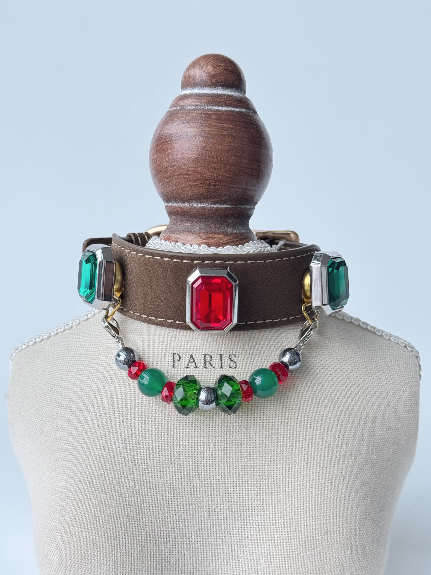 Pet Crystal Collar 10mm Green Agate ➕ 14mm Emerald Flat Bead ➕ 8mm Ruby Cut Surface, Alloy Accessories