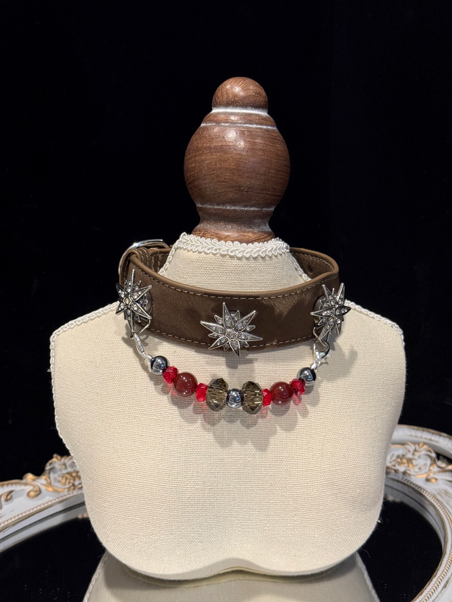 Pet Crystal Collar 14mm Deep Coffee Gemstone Flat Bead ➕ 8mm Red Agate ➕ 7mm Ruby Cut Surface, Alloy Accessories