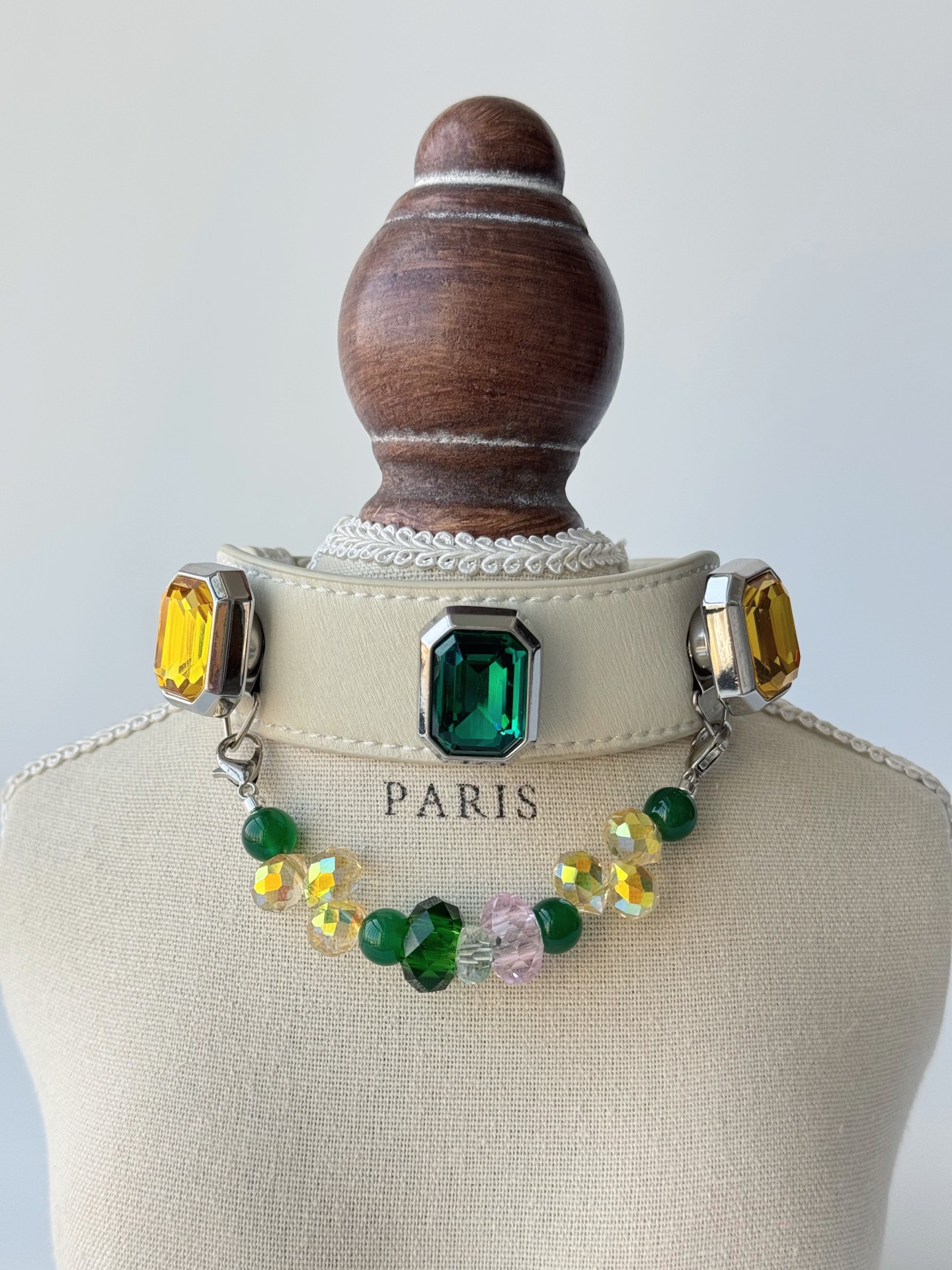 Pet Crystal Collar 14mm Green/Pink Gemstone Flat Bead ➕ 8mm Green Agate ➕ 7mm Sapphire Cut Surface ➕ 8mm Topaz Water Drop, Alloy Accessories