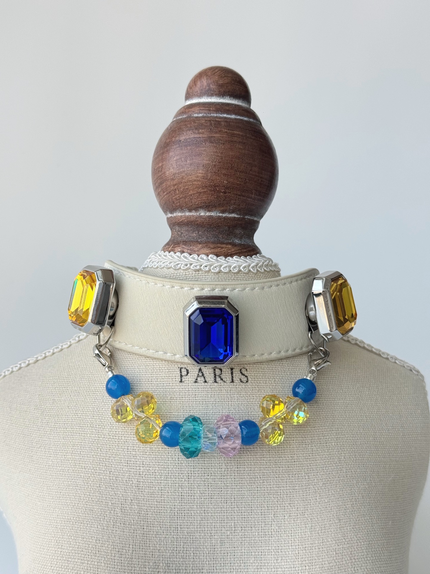 Pet Crystal Collar 14mm Blue/Pink Gemstone Flat Bead ➕ 8mm Blue Agate ➕ 7mm Sapphire Cut Surface ➕ 8mm Topaz Water Drop