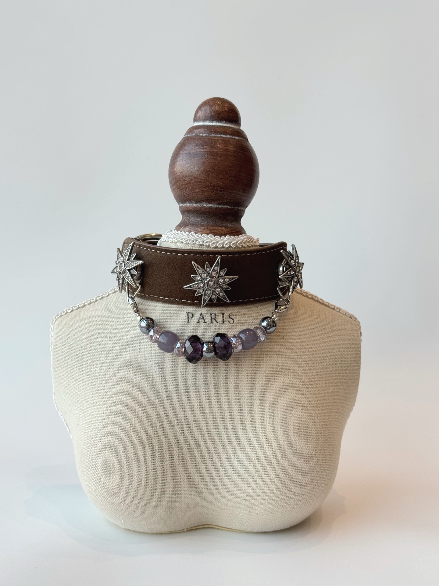 Pet Crystal Collar 14mm Violet Gemstone Flat Bead ➕ 8mm Amethyst Cut Surface ➕ 8 × 10 Smoke Purple Agate, Alloy Accessories