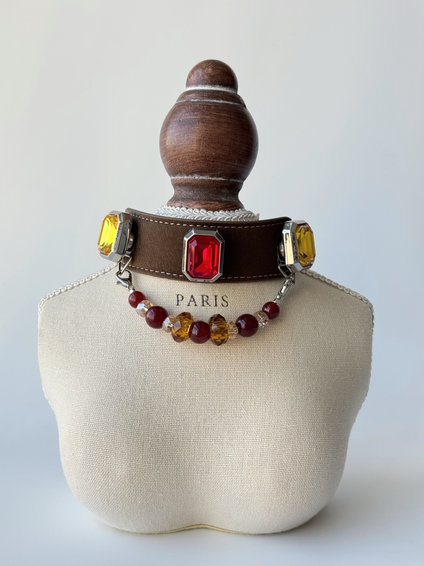 Pet Crystal Collar 14mm Zhonghu Gemstone Flat Bead ➕ 10/8mm Red Agate ➕ 7mm Champagne Gold Cut Surface