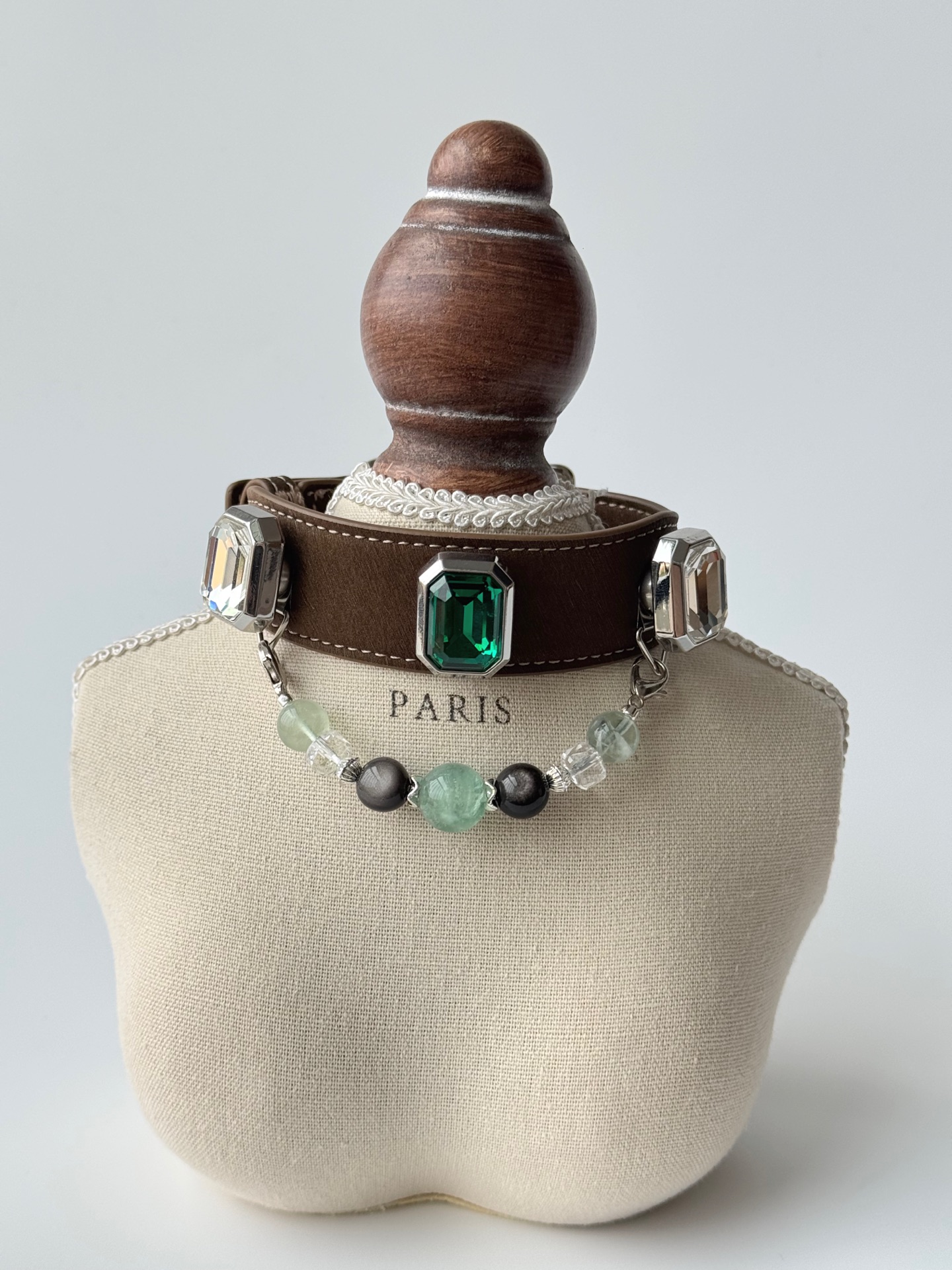 Pet Crystal Collar 13mm Green Fluorite ➕ 10mm Double Cat Eye Silver Obsidian ➕ 8mm White Water Section ➕ 10mm Green Fluorite, Alloy Accessories
