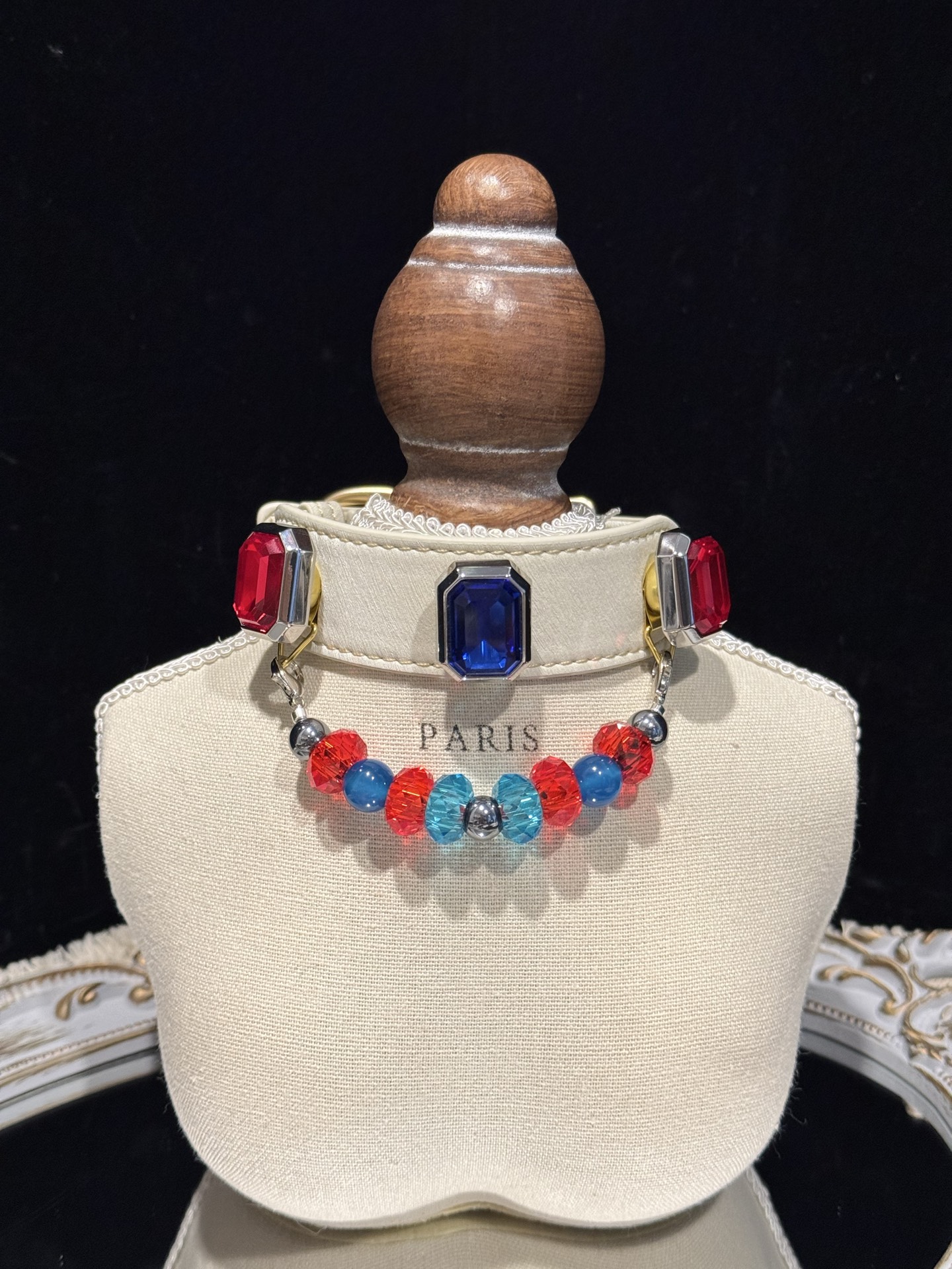 Pet Crystal Collar 14mm Blue/Ruby Flat Beads ➕ 8mm Steel Ball