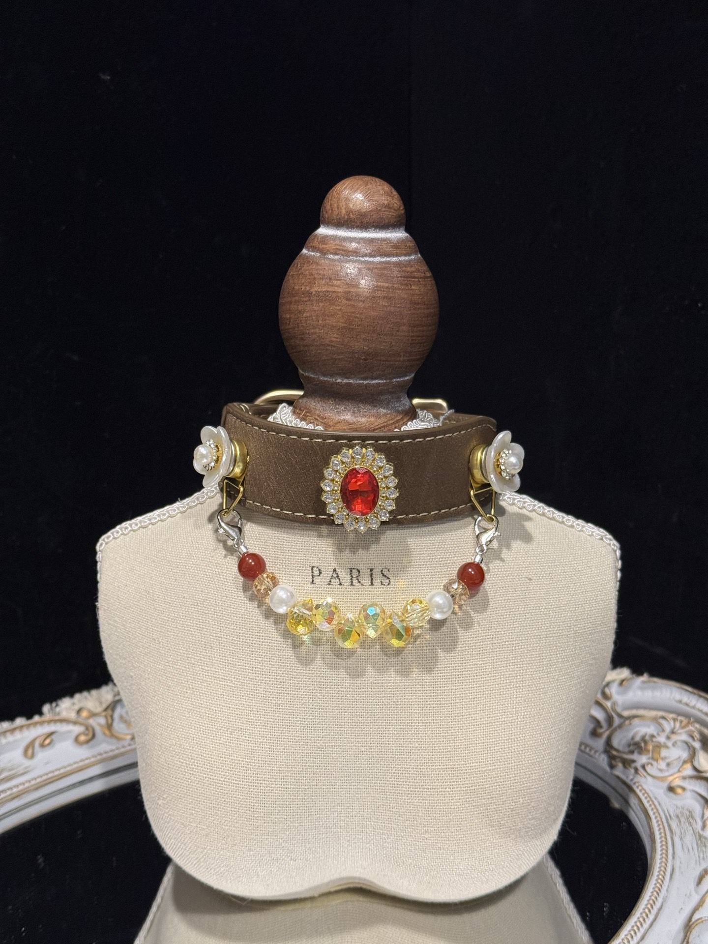Pet Crystal Collar 8mm Red Agate ➕ 8mm Pearl Shell ➕ 8mm Topaz Water Drop